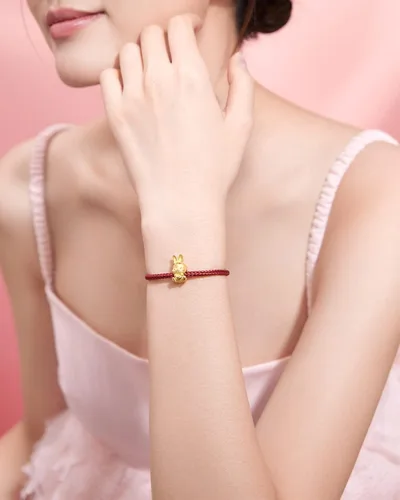 Vista 5 de ZHOU LIU FU Pulseras de oro real para mujer, pulsera de conejo de la suerte, joyería de oro de 24 quilates, pulsera roja, dije de oro sólido
