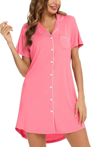 Vista 8 de Samring Camisón de pijama para mujer, manga corta/larga, con botones, camisón para dormir, camisón para novio, talla XXL