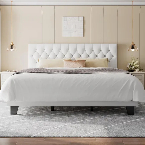Vista 15 de Feonase Marco de cama de plataforma twin con cabecera capitoné con botones, cama tapizada de lino con soporte de listones de madera, no necesita