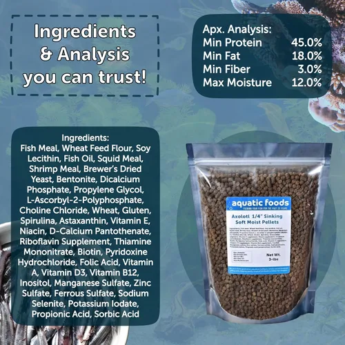 Vista 4 de Axolotl Food, pellets suaves y húmedos de 1/4 de pulgada, pellets de salmón de Rangen para ajolote de tamaño adulto. También camarones, caracoles