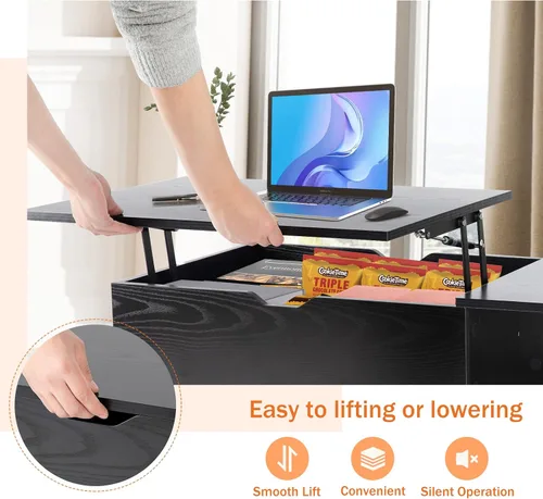 Vista 8 de [Usado] Sweetcrispy Mesa de centro elevable negra para sala de estar, mesas centrales de comedor de madera con estante de almacenamiento