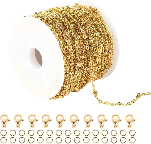 Vista 8 de YOUBEIYEE Cadena de cuentas de satélite de plata brillante de 32.8 ft para hacer joyas, acero inoxidable, cadena de joyería de cruz soldada