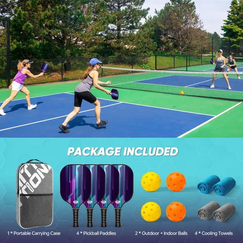 Vista 6 de Juego de 4 palas de pickleball de fibra de vidrio aprobadas por USAPA con raquetas de pickleball para adultos, agarre antideslizante que absorbe