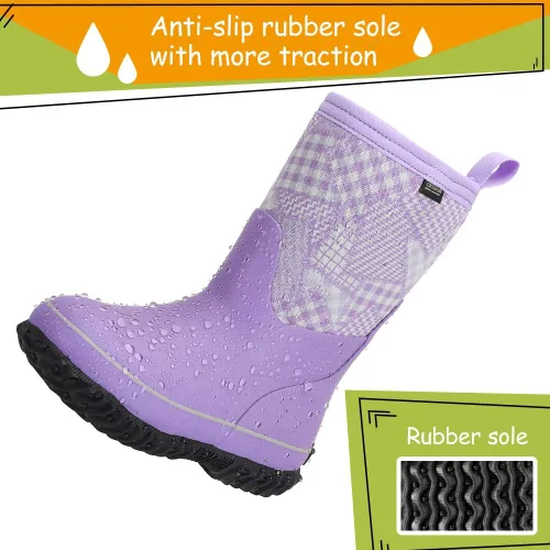 Vista 2 de CNSBOR Botas de lluvia de neopreno impermeables con aislamiento para niños con botas de lluvia fáciles de poner para jóvenes