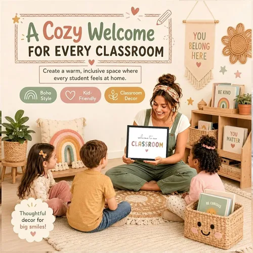 Vista 3 de OFlyDesigns Bienvenido a Nuestro Aula Decoración Boho para el Aula, Arte de Pared Arcoíris, Regalo para Maestros, Arte de Pared para Escuela