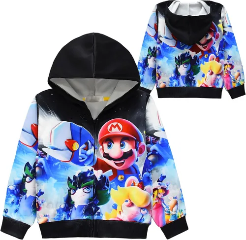 Vista 3 de Oman nylon Girls Boys Super Bros Princess Hoodie Zipper Sweatshirts 3D Cartoon Hoody Top For Kids 4-9Years