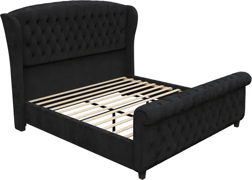 Vista 9 de LUXOAK Estructura de cama tapizada tamaño Queen con cabecera capitoné Negro