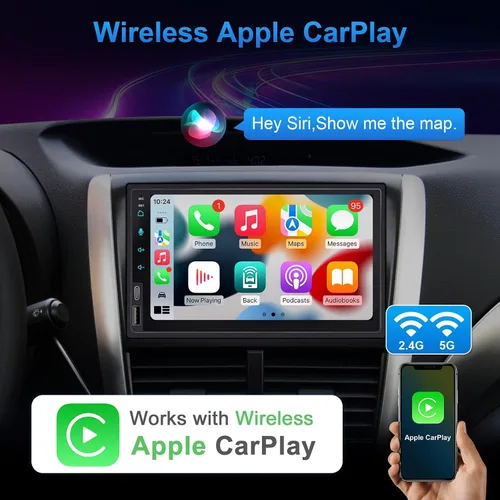 Vista 2 de Estéreo de coche de doble DIN de 7 pulgadas con CarPlay inalámbrico y Android Auto inalámbrico, radio de coche con pantalla táctil con Bluetooth