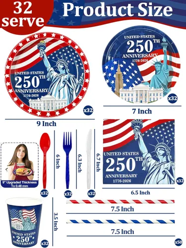 Vista 2 de 256 piezas de decoración del 4 de julio, 250 aniversario, bandera patriótica estadounidense, suministros para fiesta, 32 4 de julio, platos de papel