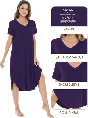 Vista 4 de NACHILA Camisones para mujer, viscosa hecha de bambú, cuello en V, manga corta, ropa de dormir fresca S-2X