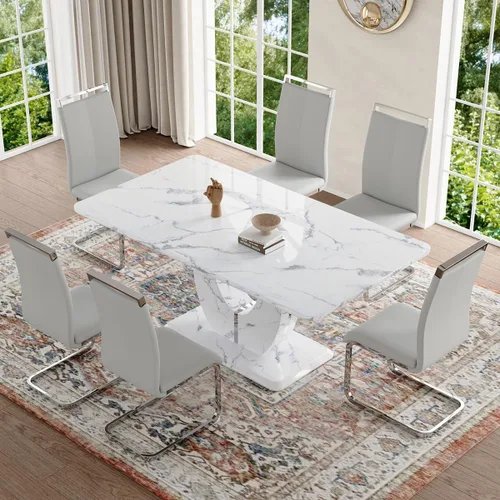 Vista 9 de Moderno juego de mesa de comedor de mármol sintético para 4, mesa de cocina rectangular blanca de 63 pulgadas con elegante base de pedestal