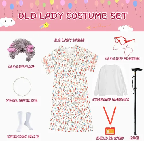 Vista 3 de FAYBOX 9 pcs Old Lady Costume for Kids,100 Days of School Costume Old Lady Wig for Girls,Halloween Granny Grandma Dress Up