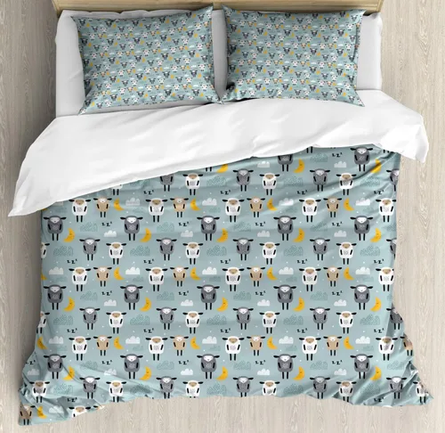 Vista 23 de Ambesonne Cartoon Duvet Cover Set, Pastel Animals Pattern Dragonflies Beetle Ladybug Earth Worm Spring, Decorative 3 Piece Bedding Set with 2 Pillow