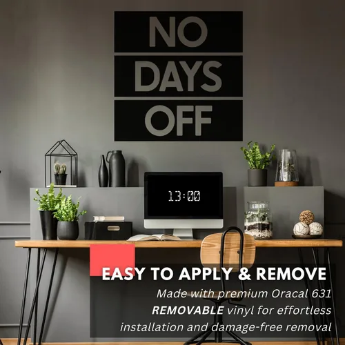 Vista 4 de My Vinyl Story - No Days Off Wall Decal - Cita motivacional, vinilo inspirador para el gimnasio en casa, oficina, fitness, ejercicio, fácil de Negro