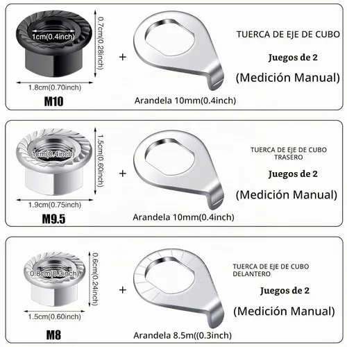 Vista 2 de 12 tuercas de eje y arandelas de seguridad, 3 tamaños, delanteras