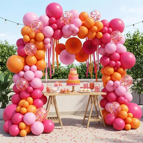 Vista 6 de Globos rosa y naranja, 55 globos de color rosa claro de 12 pulgadas, globos de confeti rosa y naranja para baby shower, cumpleaños, boda