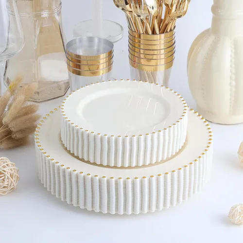 Vista 5 de ejonirinjonir EI 60 platos de plástico beige con borde dorado, platos desechables marfil, plato de plástico de lujo resistente, cena de 10 pulgadas