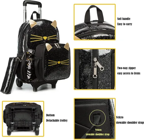 Vista 4 de Egchescebo Mochila de viaje para niños pequeños con ruedas para niños, mochila desmontable para niñas, color rosa, Negro-220223-l, Mochilas de viaje