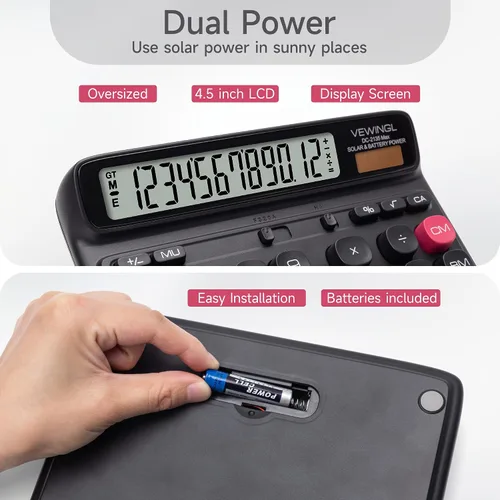Vista 3 de VEWINGL Calculadora de escritorio, pantalla LCD grande de 12 dígitos, teclas grandes estilo computadora, doble potencia (solar y batería), modo