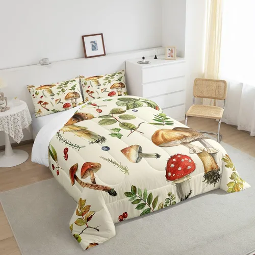 Vista 5 de Feelyou Lindo juego de ropa de cama de hongos kawaii tamaño individual para niños y niñas, decoración de hongos salvajes, juego de edredón