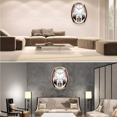 Vista 7 de Reloj de pared de movimiento musical con péndulo giratorio, reloj de pared decorativo con 18 melodías.