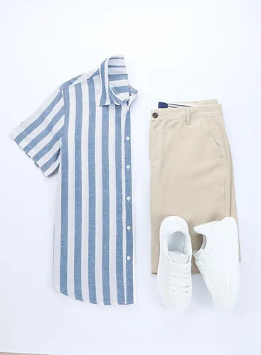 Vista 15 de JMIERR Camisas de vestir a rayas con botones y manga corta para hombre