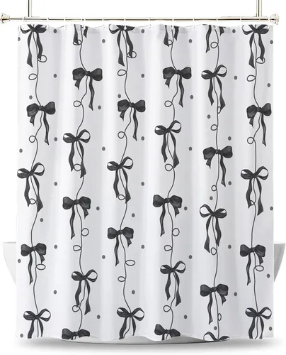 Vista 9 de Cortina de ducha con lazo negro, bonita cortina de ducha coqueta estética para adolescentes y niñas, decoración de tela impermeable con 12 ganchos