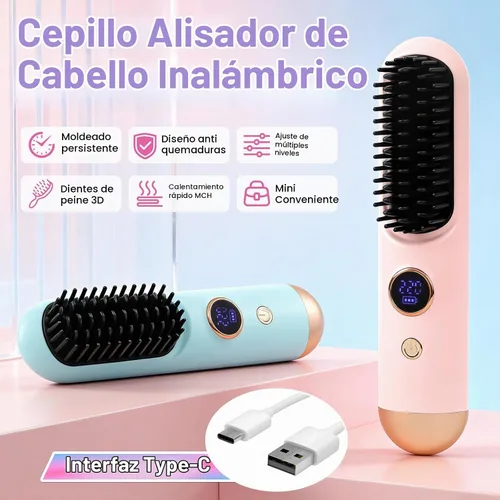 Vista 2 de Cepillo alisador de cabello 2026, cepillo alisador de cabello inalámbrico para cabello corto, mini cepillo portátil para alisar el cabello con 9