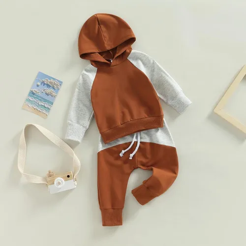 Vista 156 de Ropa de bebé niño 3 6 9 12 18 24M 3T Conjunto de pantalones con capucha patchwork sudadera con capucha pantalones de rayas traje de otoño invierno
