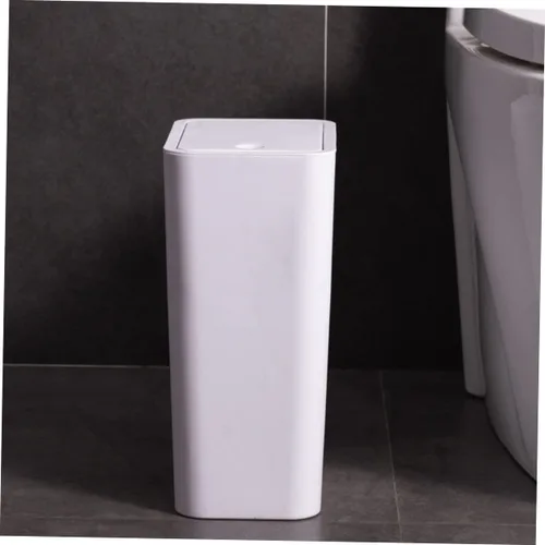 Vista 6 de Bote de basura delgado de plástico con tapa de prensa- para baño, cocina, oficina, color blanco
