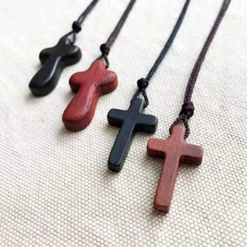 Vista 5 de Collares con colgante de cruz de madera de sándalo natural para niños, niñas, mujeres y hombres, regalo hecho a mano, madera colgante de espejo
