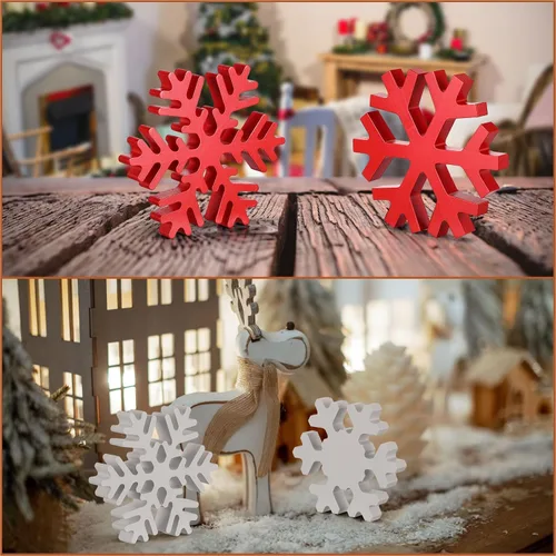 Vista 6 de Blulu 4 piezas de copos de nieve de madera de invierno, decoraciones de mesa, letreros de copos de nieve de Navidad, letrero de mesa de pie