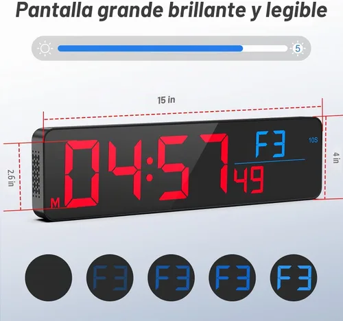 Vista 2 de ANJANK Reloj de pared LED digital grande de 15 pulgadas para gimnasio, con segundos, temporización para entrenamiento, intervalos y rondas, cuenta