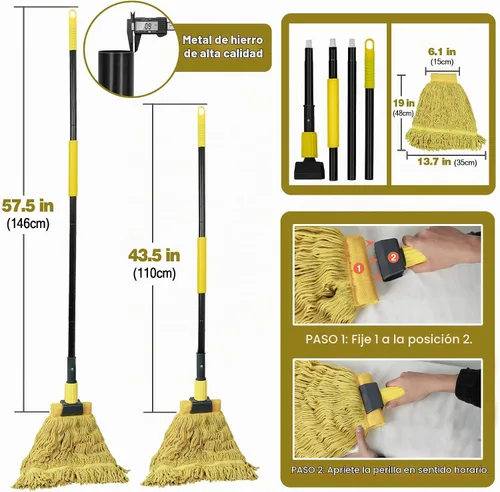 Vista 2 de JEHONN Trapeador comercial industrial resistente con mango de 57.5 pulgadas de largo, trapeador profesional de algodón húmedo seco para limpiar