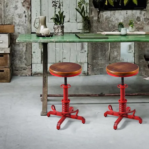 Vista 2 de Topower Industrial Retro Vintage Farm Asiento de madera Tractor Taburete Cocina Giratorio Altura Ajustable Taburete de bar Rojo Antiguo
