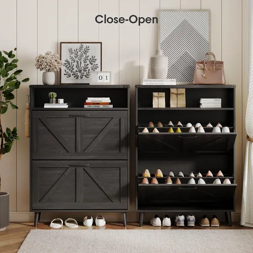 Vista 6 de Halitaa - Gabinete para zapatos con 2 cajones abatibles y almacenamiento abierto, gabinete de almacenamiento de zapatos estilo granja para entrada