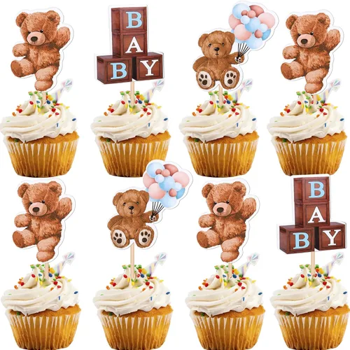 Vista 13 de Rsstarxi Paquete de 24 Adornos para Cupcakes We Can Bearly Wait con Purpurina de Oso para Baby Shower, Palillos Decorativos para Cupcakes