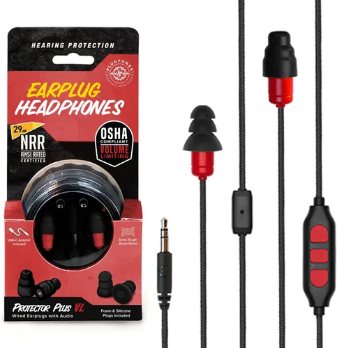 Vista 11 de Plugfones Protector Volume Limited Audio Earbuds, tapones para los oídos compatibles con OSHA con sonido, negro y rojo