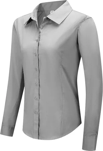 Vista 18 de Blusa de trabajo con botones para mujer, de algodón elástico, manga larga, ajuste delgado