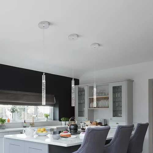 Vista 2 de Iluminación colgante moderna para isla de cocina, lámpara colgante regulable LED con acabado cromado, mini iluminación colgante de cristal
