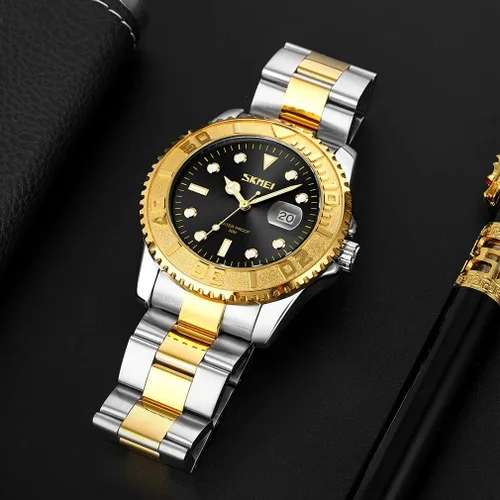 Vista 5 de SKMEI Watch for Men Waterproof Fashion Casual Silver Stainless Steel Big Face Analog Quartz Luminous Luxury Dress Business Dad Father Gift Green