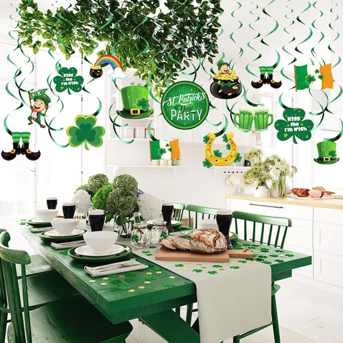 Vista 7 de 30 piezas de decoración colgante del día de San Patricio, trébol irlandés de la suerte, trébol, duende, herradura, letrero de papel de aluminio