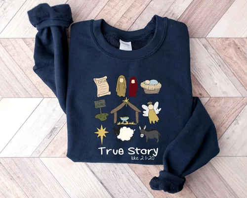 Vista 3 de True Story Nativity - Camiseta de Navidad de Jesús, basada en la fe, sudadera cristiana multicolor