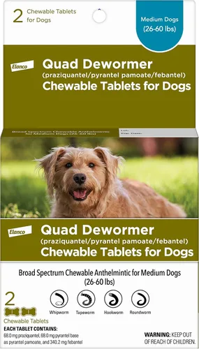 Vista 8 de Elanco Desparasitador cuádruple masticable para perros pequeños, 2-25 libras, 4 tabletas masticables, blanco
