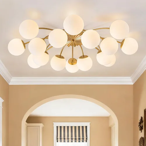 Vista 12 de Lámpara de araña Sputnik de 12 luces, color negro con burbujas de vidrio de leche Luces de techo semi empotradas, acento de flor, Art Deco