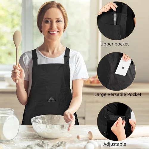 Vista 4 de Delantales para mujer con bolsillos, ajustables, de doble cara, duraderos, ligeros, para cocinar, cocinar, cocina, restaurante