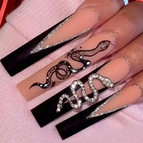 Vista 24 de Uñas postizas a presión con punta francesa cuadrada larga con arco 3D, diseños de línea de copo de nieve, uñas de invierno, uñas a presión