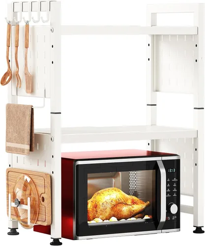 Vista 10 de Kitstorack Estante ajustable para horno de microondas, estante para microondas resistente de 2 niveles con tablas de cortar, soporte para estantes