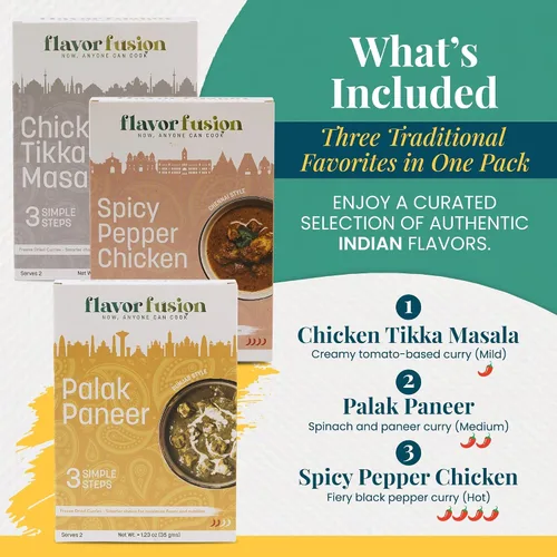 Vista 8 de Flavor Fusion Favoritos tradicionales con ingredientes naturales: pollo Tikka Masala, palak Paneer y pollo picante a la pimienta para una cocina