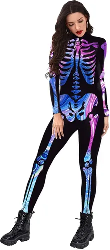 Vista 17 de Honeystore - Enterizo para disfraz de esqueleto para mujer, para Halloween, malla entera, leotardo, para cosplay Color06